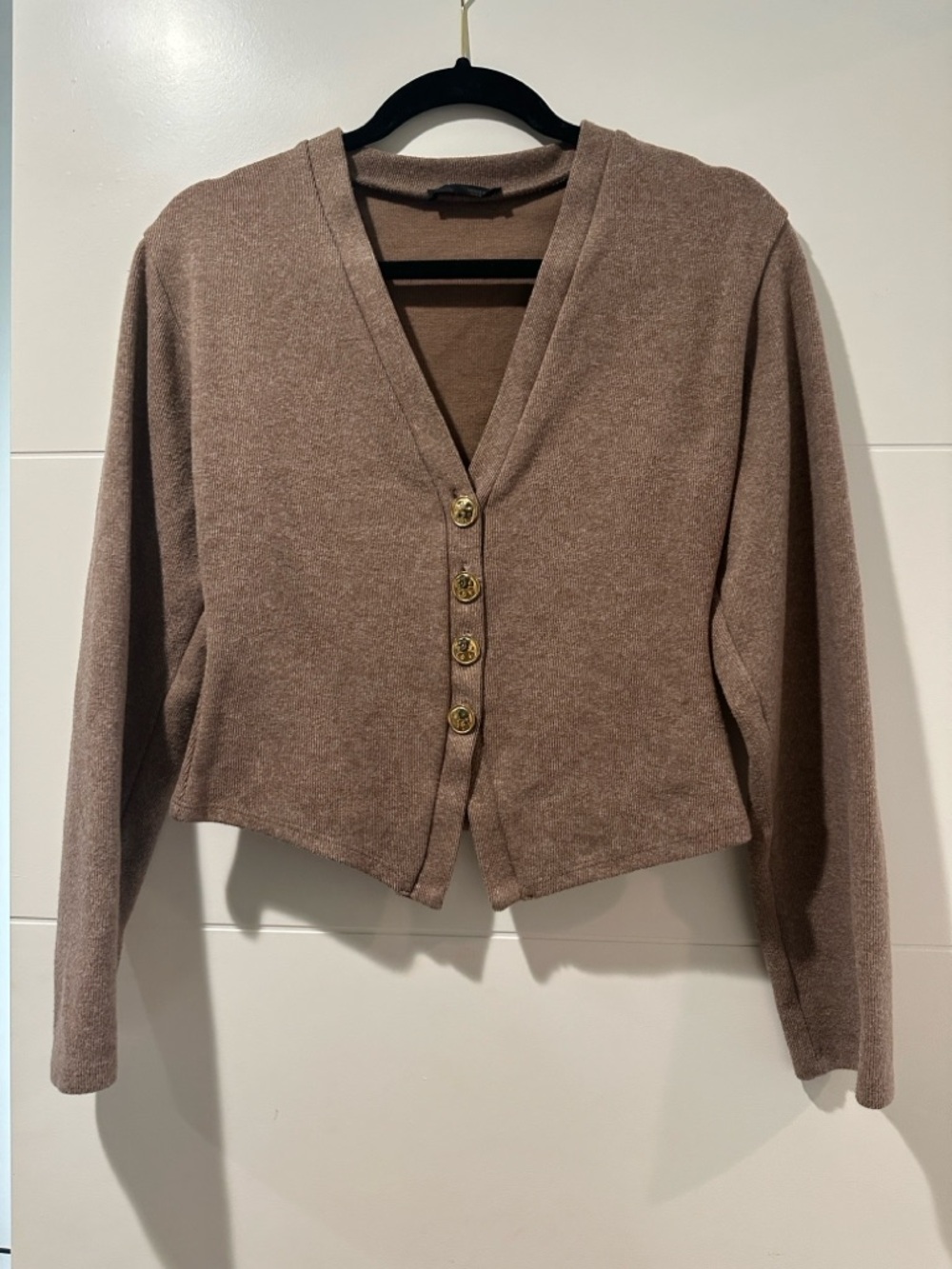 Zara Cropped V-Neck Cardigan with Gold Buttons - Brown